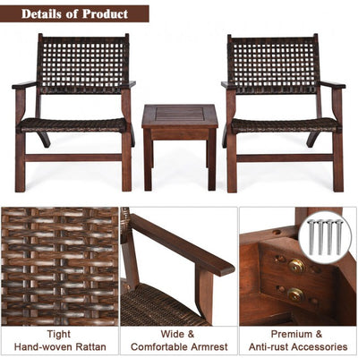 3 Pieces Outdoor Wooden Patio Rattan Furniture Set