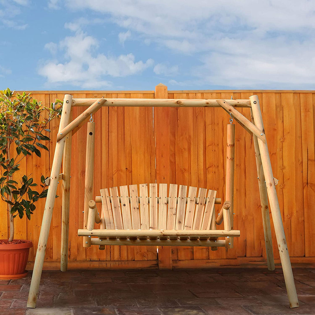 2 Person Outdoor Wooden Swing Chair Patio Porch Bench with A-Frame