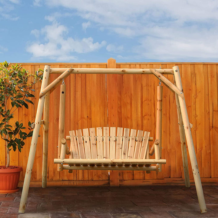 2 Person Outdoor Wooden Swing Chair Patio Porch Bench with A-Frame