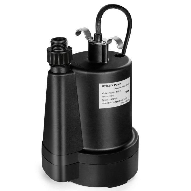 1/3HP 2400GPH Submersible Water Pump Thermoplastic Electric Utility Drainage Pump with 10FT Cord and Inlet Screen