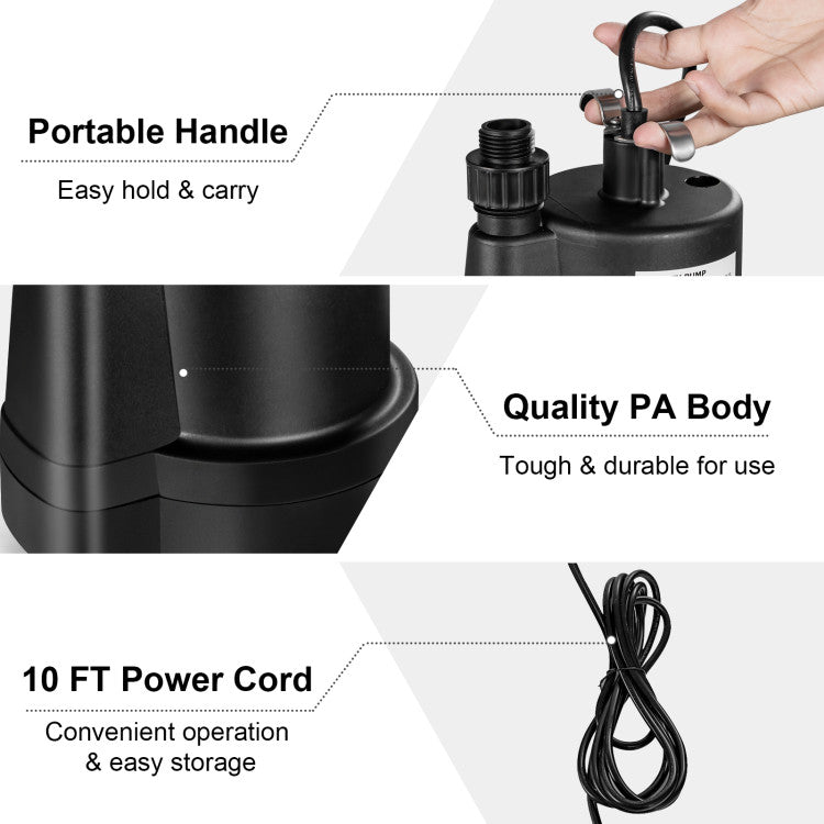 1/3HP 2400GPH Submersible Water Pump Thermoplastic Electric Utility Drainage Pump with 10FT Cord and Inlet Screen