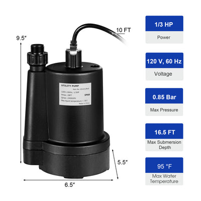 1/3HP 2400GPH Submersible Water Pump Thermoplastic Electric Utility Drainage Pump with 10FT Cord and Inlet Screen