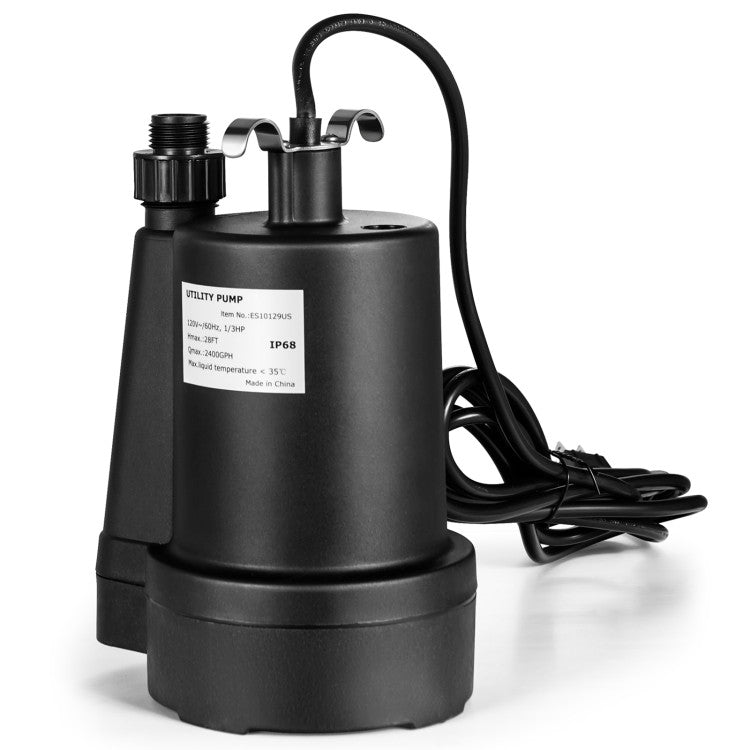 1/3HP 2400GPH Submersible Water Pump Thermoplastic Electric Utility Drainage Pump with 10FT Cord and Inlet Screen