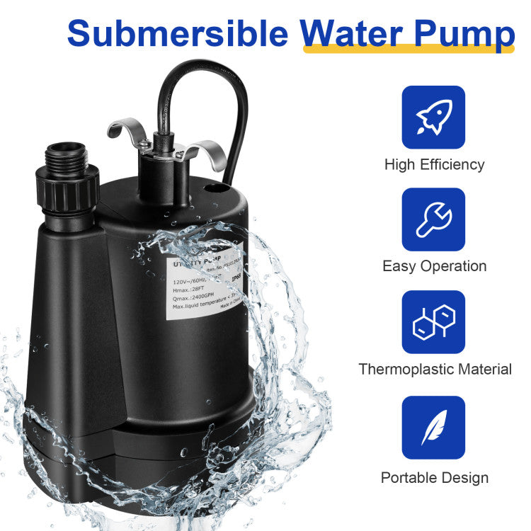 1/3HP 2400GPH Submersible Water Pump Thermoplastic Electric Utility Drainage Pump with 10FT Cord and Inlet Screen