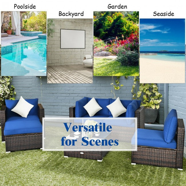 6 Pieces Patio Rattan Furniture Set with Sectional Cushion