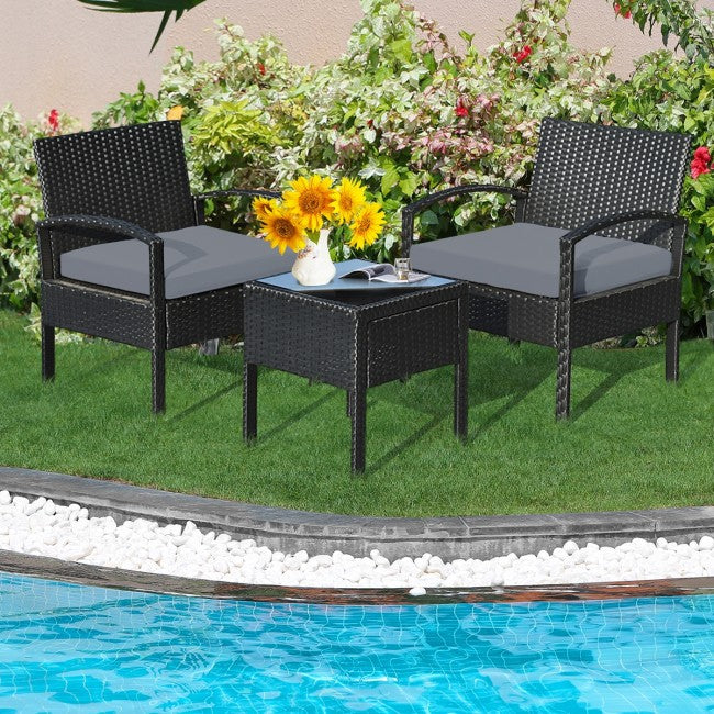 3 Pieces Outdoor Rattan Patio Conversation Set with Seat Cushions