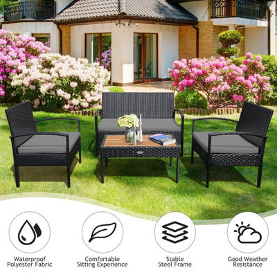 4 Pieces Patio Rattan Furniture Set Sofa Chair Coffee Table with Cushion