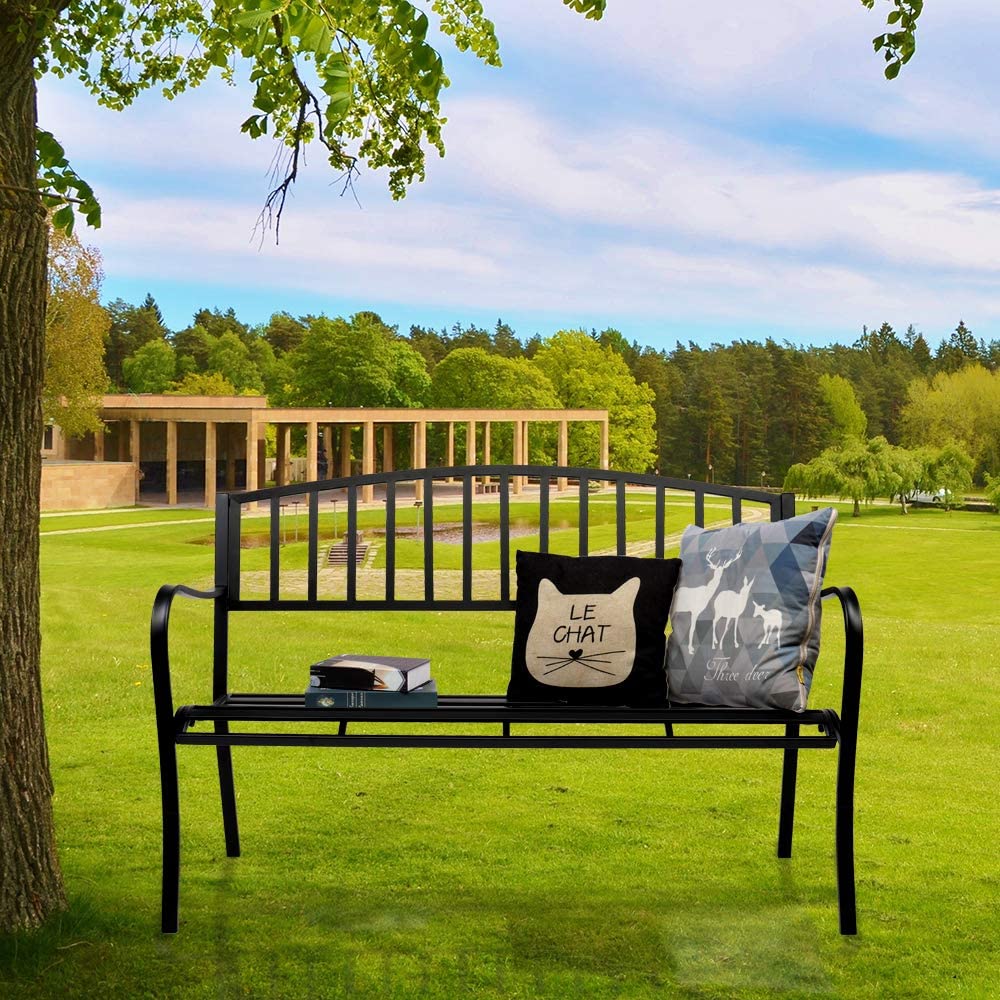 50" Steel Garden Bench Loveseats Outdoor Patio Furniture Chair with Slatted Seat