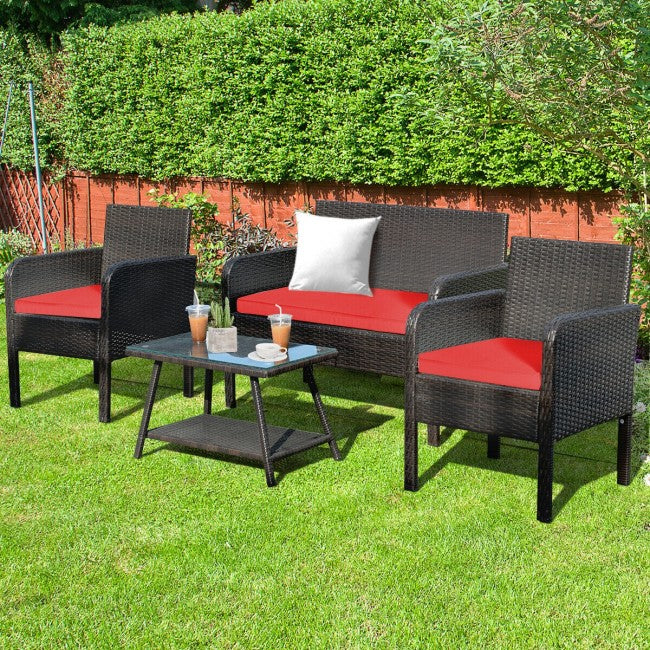 4Pcs Patio Rattan Wicker Furniture Set Conversation Sofa Bench Cushion