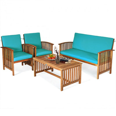 4 Pcs Patio Solid Wood Furniture Set with Water Resistant Cushions