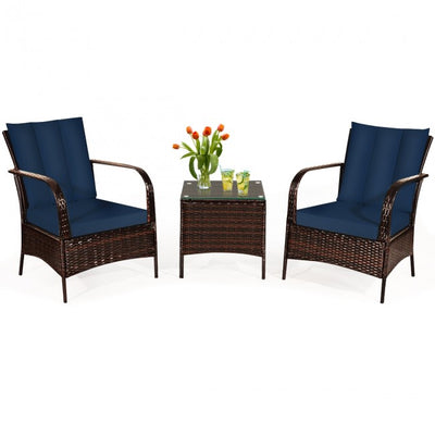 3 Pieces Patio Conversation Rattan Furniture Set with Glass Top Coffee Table and Cushions