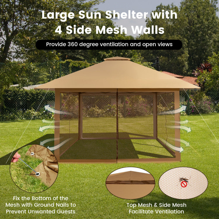 13 x 13 Feet Outdoor Pop-up Gazebo Patio Instant Canopy Shelter Tent with Mesh Sidewall and Vented Top
