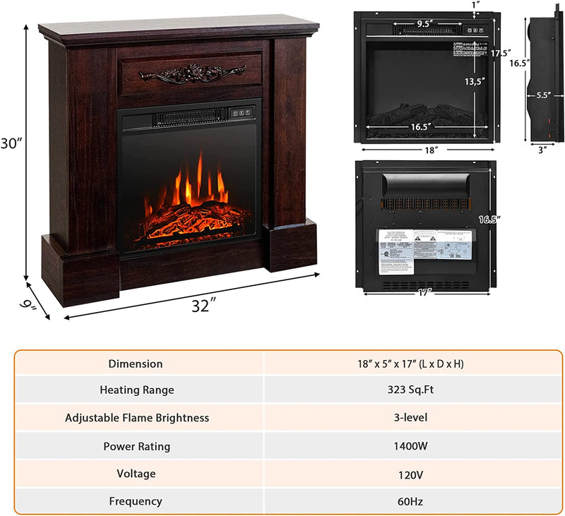 1400W 32 Inches Freestanding Electric TV Stand Fireplace Heater Mantel with Dual Modes