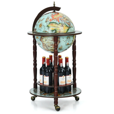 14 Inch Globe Wine Bar Stand 16th Century Italian Map Liquor Bottle Shelf Cart Bar Cabinet with Wheels