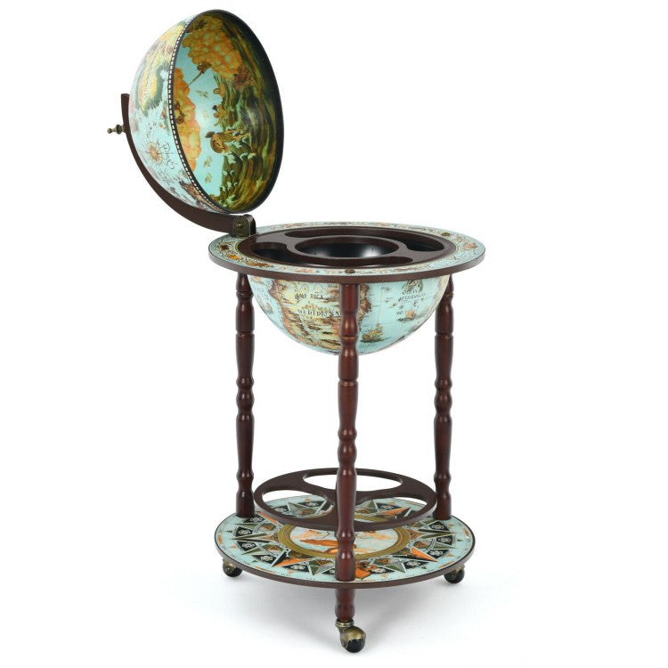 14 Inch Globe Wine Bar Stand 16th Century Italian Map Liquor Bottle Shelf Cart Bar Cabinet with Wheels