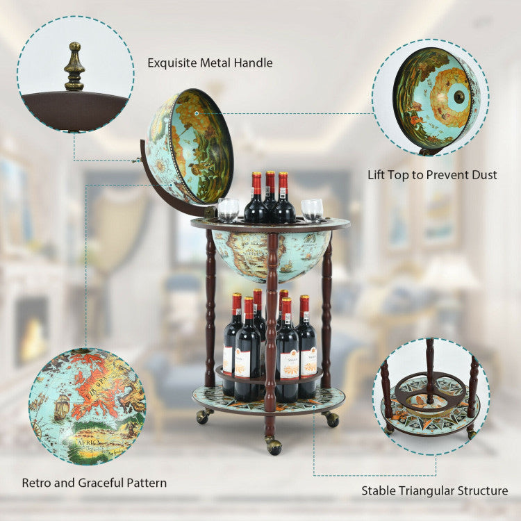 14 Inch Globe Wine Bar Stand 16th Century Italian Map Liquor Bottle Shelf Cart Bar Cabinet with Wheels