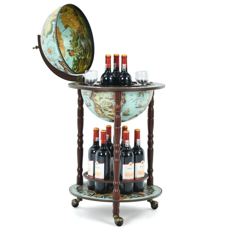 14 Inch Globe Wine Bar Stand 16th Century Italian Map Liquor Bottle Shelf Cart Bar Cabinet with Wheels