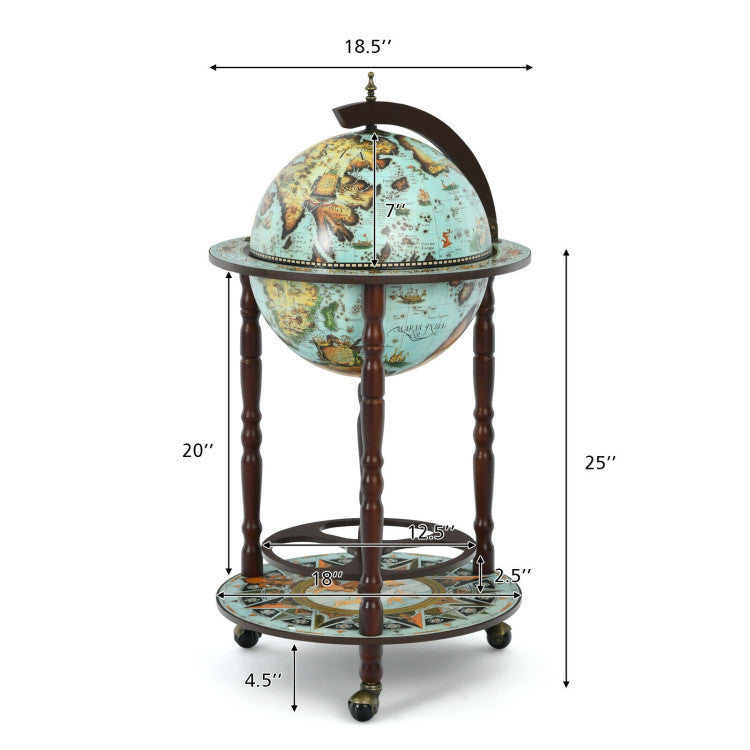 14 Inch Globe Wine Bar Stand 16th Century Italian Map Liquor Bottle Shelf Cart Bar Cabinet with Wheels