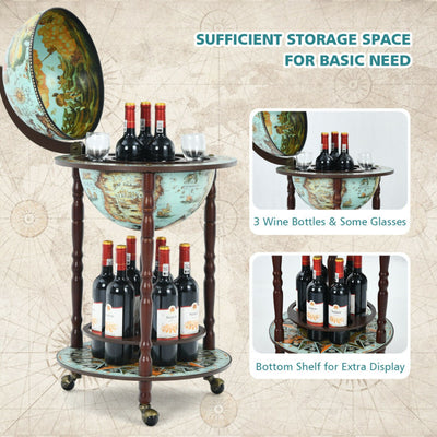 14 Inch Globe Wine Bar Stand 16th Century Italian Map Liquor Bottle Shelf Cart Bar Cabinet with Wheels