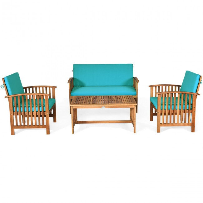 4 Pcs Patio Solid Wood Furniture Set with Water Resistant Cushions