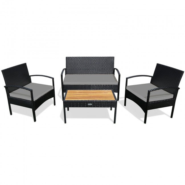 4 Pieces Patio Rattan Furniture Set Sofa Chair Coffee Table with Cushion