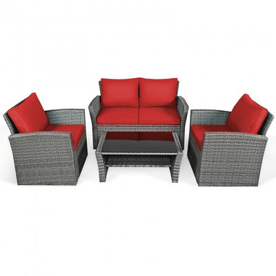 4 Pcs Patio Rattan Furniture Sofa Table Set with Storage Shelf Cushion