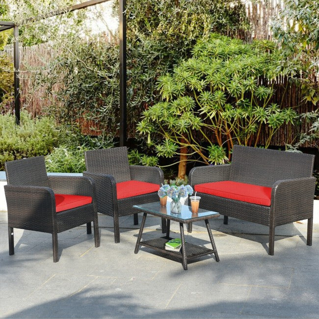 4Pcs Patio Rattan Wicker Furniture Set Conversation Sofa Bench Cushion