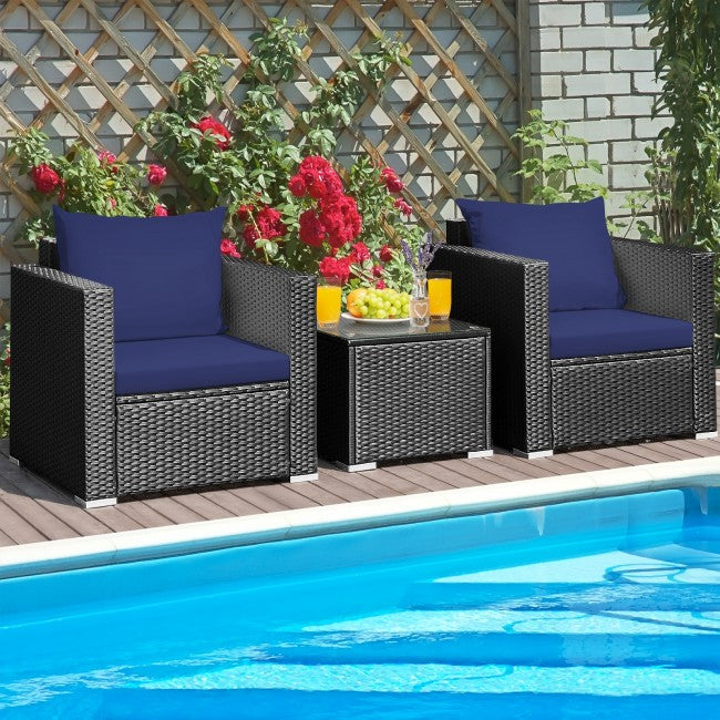 3 Pieces Patio Wicker Furniture Set with Cushion