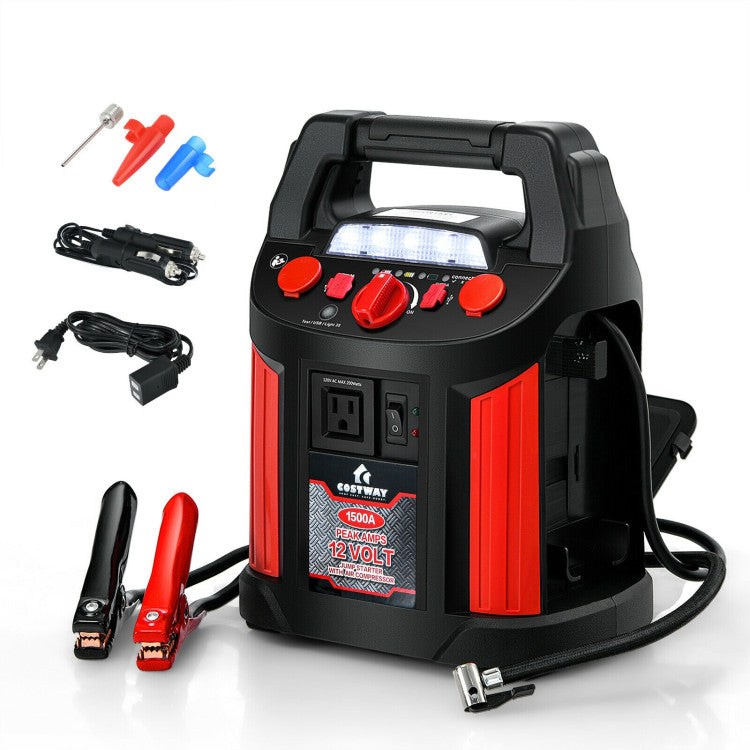 1500 Amp Jump Starter Air Compressor Car Battery Charger Power Bank with LED Light and Smart Clamps