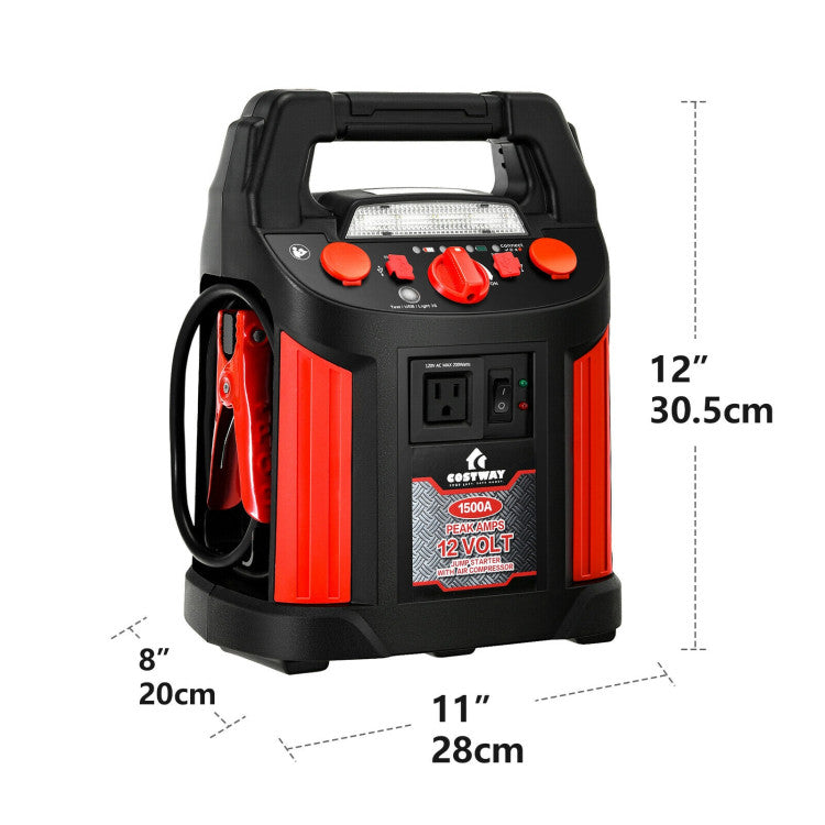 1500 Amp Jump Starter Air Compressor Car Battery Charger Power Bank with LED Light and Smart Clamps