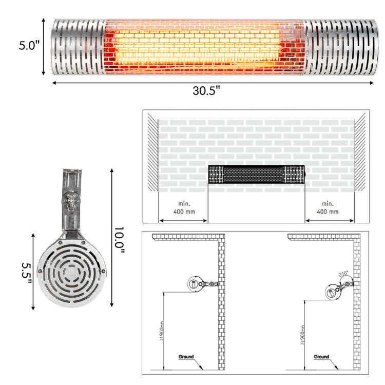 1500W Electric Heater Wall-Mounted Far Longwave Infrared Heater with Remote Control and Timing Function