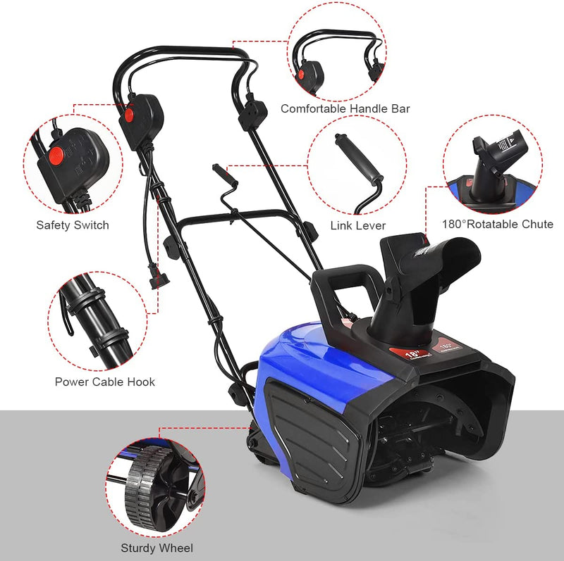 15Amp Electric Snow Thrower 18-Inch Snow Blower with 180° Rotatable Chute 2 Wheels for Yard Driveway Sidewalk