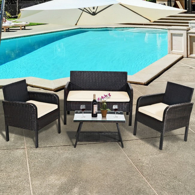 4Pcs Patio Rattan Wicker Furniture Set Conversation Sofa Bench Cushion
