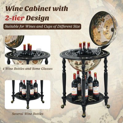 16 Inch Globe Wine Bar Stand 16th Century Nautical Chart Wine Cart  Cabinet with Wheels