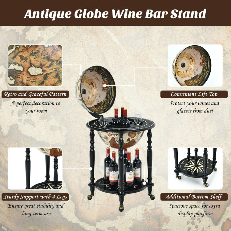 16 Inch Globe Wine Bar Stand 16th Century Nautical Chart Wine Cart  Cabinet with Wheels