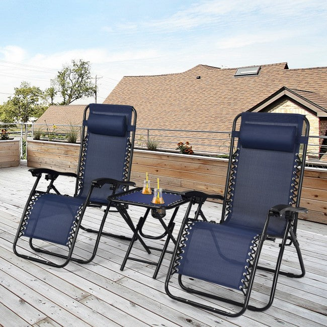 3 Pieces Folding Portable Zero Gravity Reclining Lounge Chairs Table Set