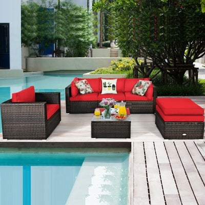 6 Pieces Patio Rattan Furniture Set with Sectional Cushion