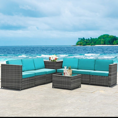 8 Pcs Wicker Sofa Rattan Dinning Set with Storage Table