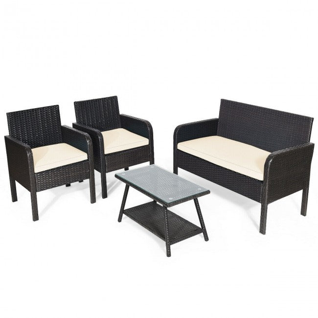 4Pcs Patio Rattan Wicker Furniture Set Conversation Sofa Bench Cushion