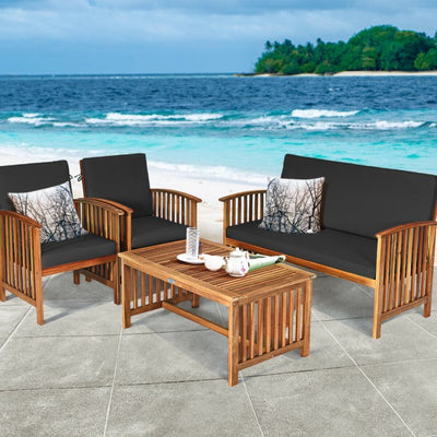 4 Pcs Patio Solid Wood Furniture Set with Water Resistant Cushions