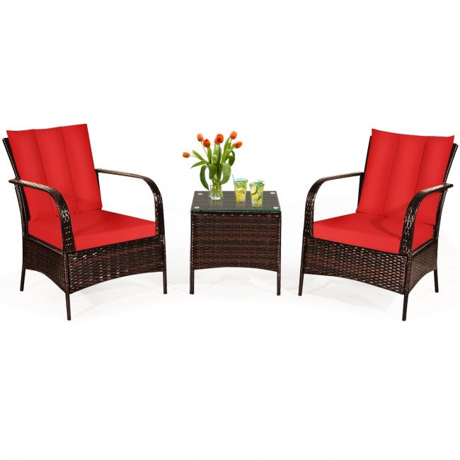 3 Pieces Patio Conversation Rattan Furniture Set with Glass Top Coffee Table and Cushions