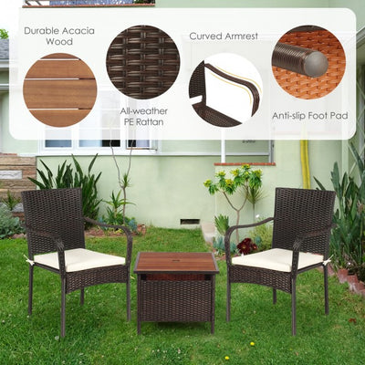 3 PCS Patio Rattan Furniture Bistro Set with Wood Side Table and Stackable Chair