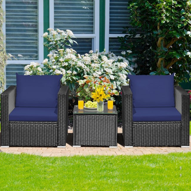 3 Pieces Patio Wicker Furniture Set with Cushion