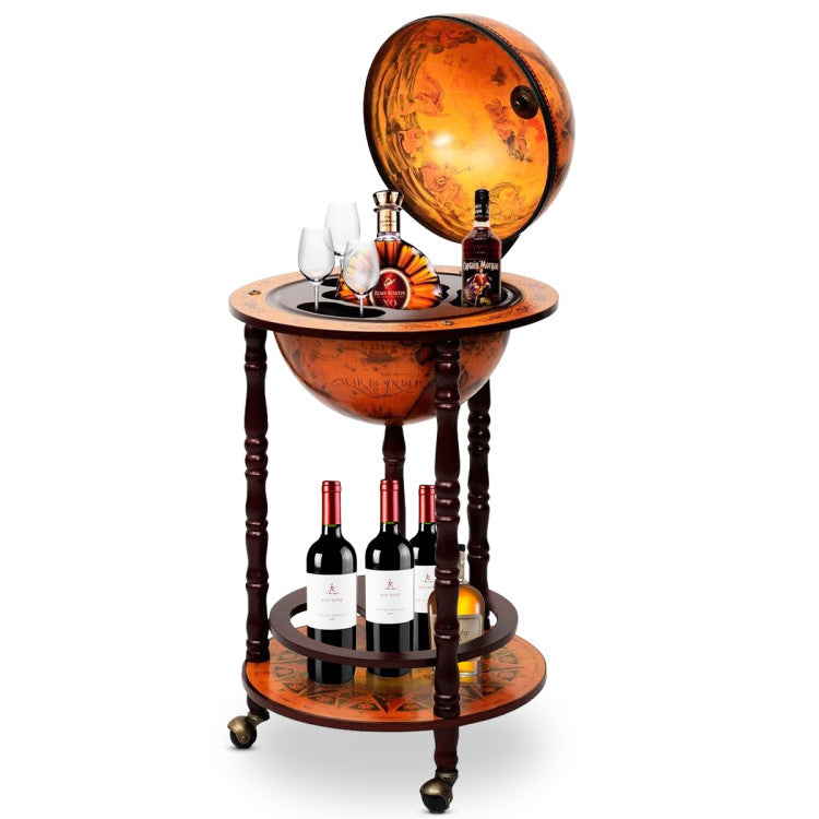 17.5” Wood Globe Wine Bar Stand 16th Century Italian Replica Liquor Cabinet Cart with Wheels