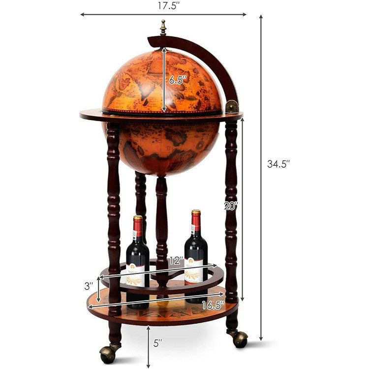 17.5” Wood Globe Wine Bar Stand 16th Century Italian Replica Liquor Cabinet Cart with Wheels