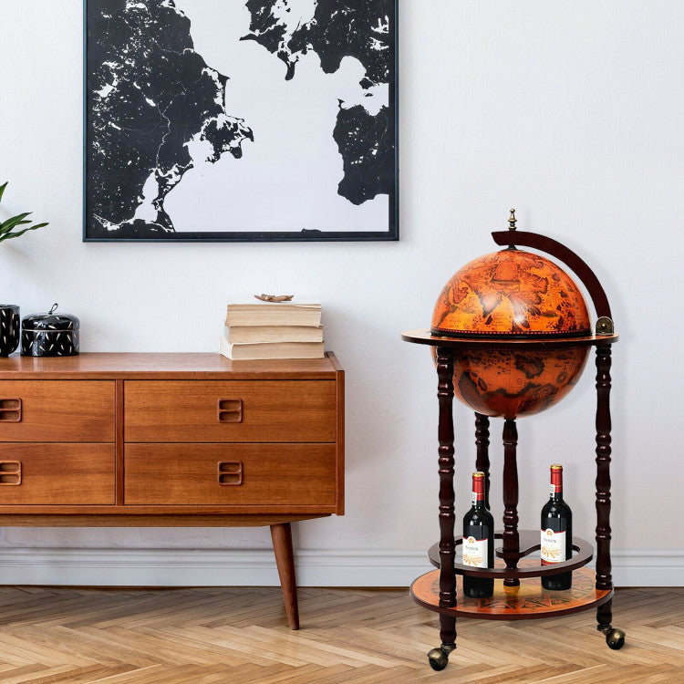 17.5” Wood Globe Wine Bar Stand 16th Century Italian Replica Liquor Cabinet Cart with Wheels