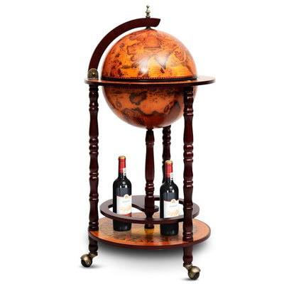 17.5” Wood Globe Wine Bar Stand 16th Century Italian Replica Liquor Cabinet Cart with Wheels