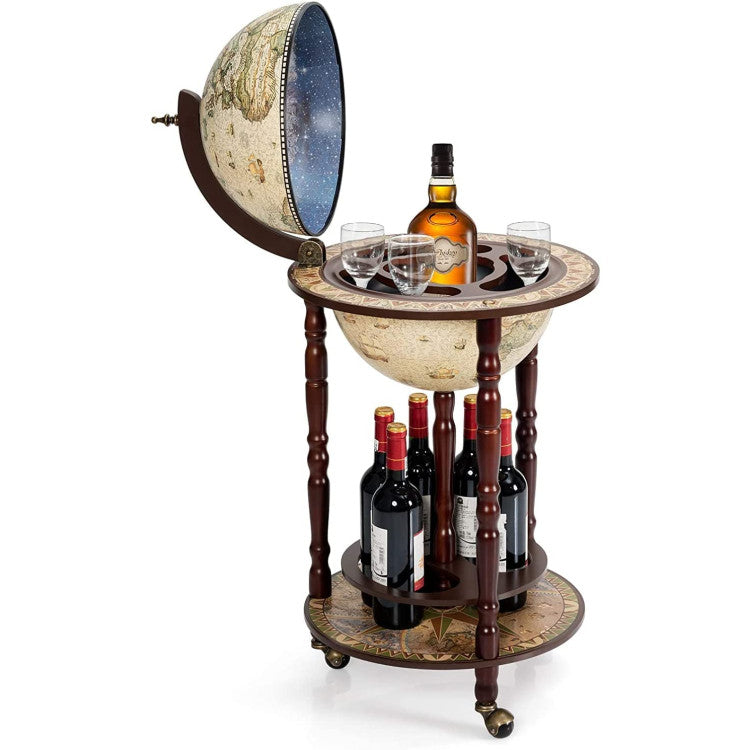 17 Inch Wood Globe Wine Bar Stand 16th Century Italian Style Replica Liquor Wine Cabinet Cart with Wheels