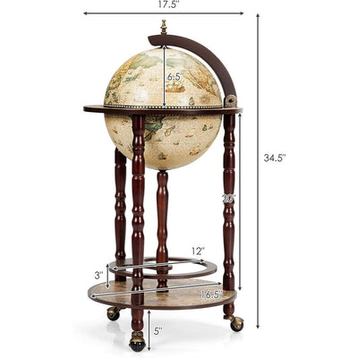 17 Inch Wood Globe Wine Bar Stand 16th Century Italian Style Replica Liquor Wine Cabinet Cart with Wheels