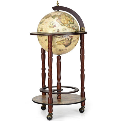 17 Inch Wood Globe Wine Bar Stand 16th Century Italian Style Replica Liquor Wine Cabinet Cart with Wheels